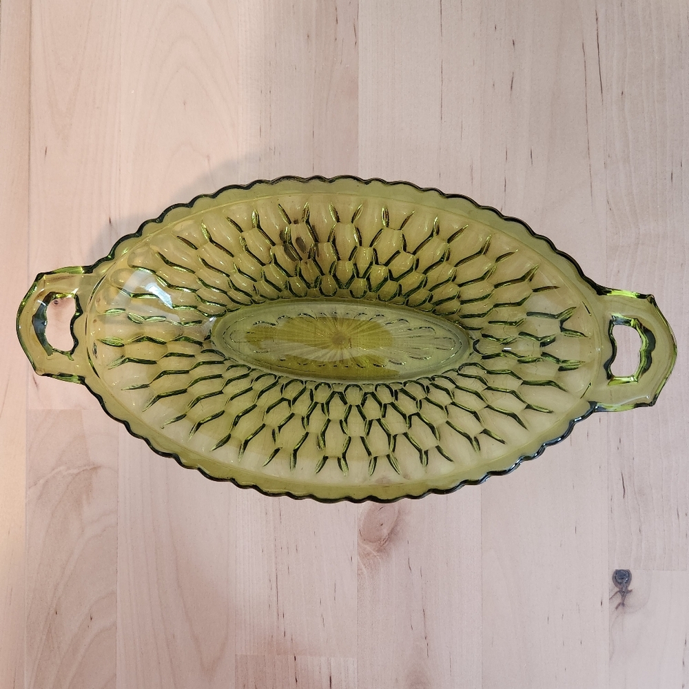 Indiana Glass Pickle Candy Dish Honeycomb Pattern Olive Green Vtg Ring Holder